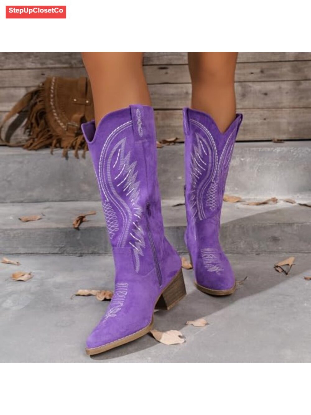 Embroidered Western Cowboy Booties with Chunky Block Heel, Side Zipper Suede - Picture 4 of 6